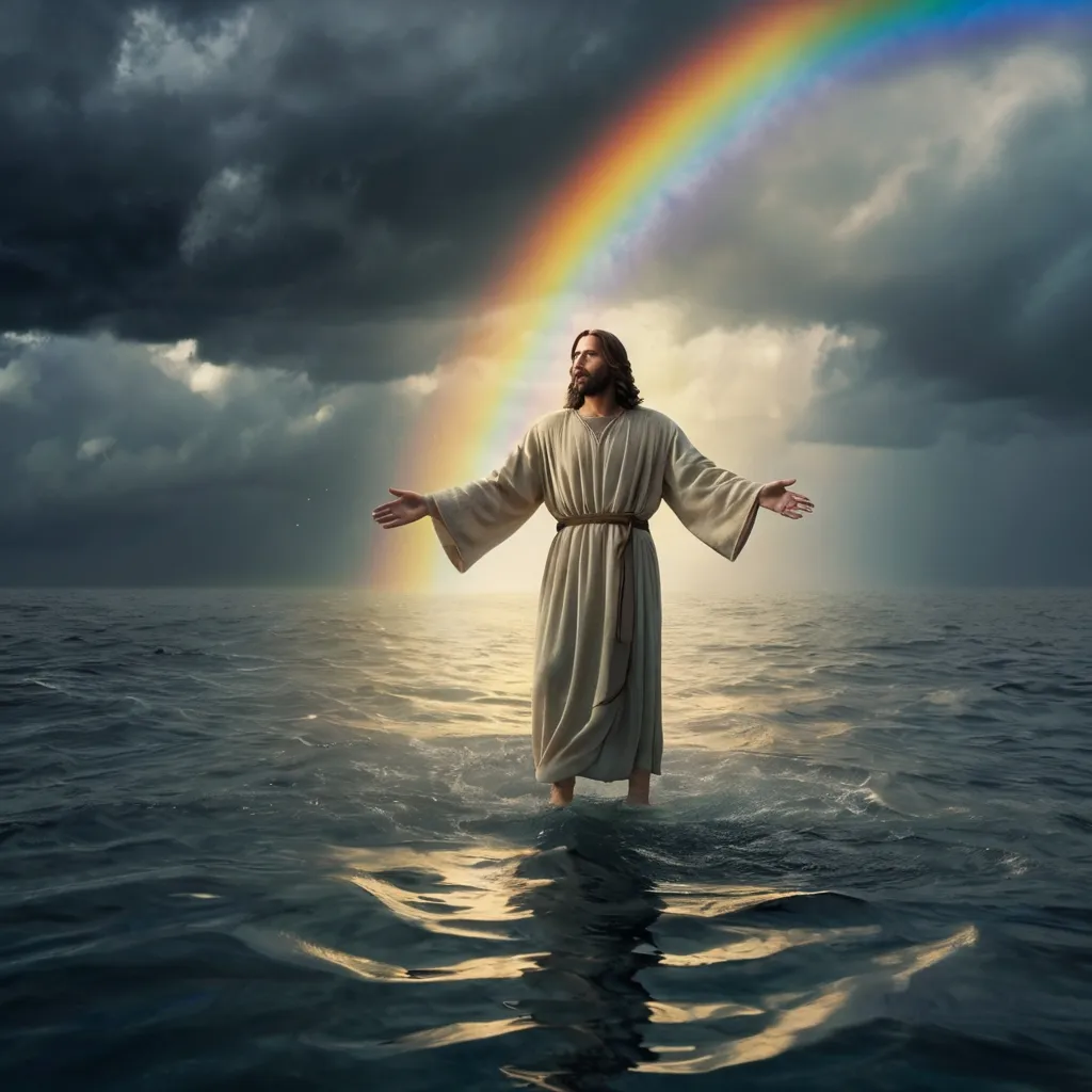 a man standing in the water with a rainbow in the background