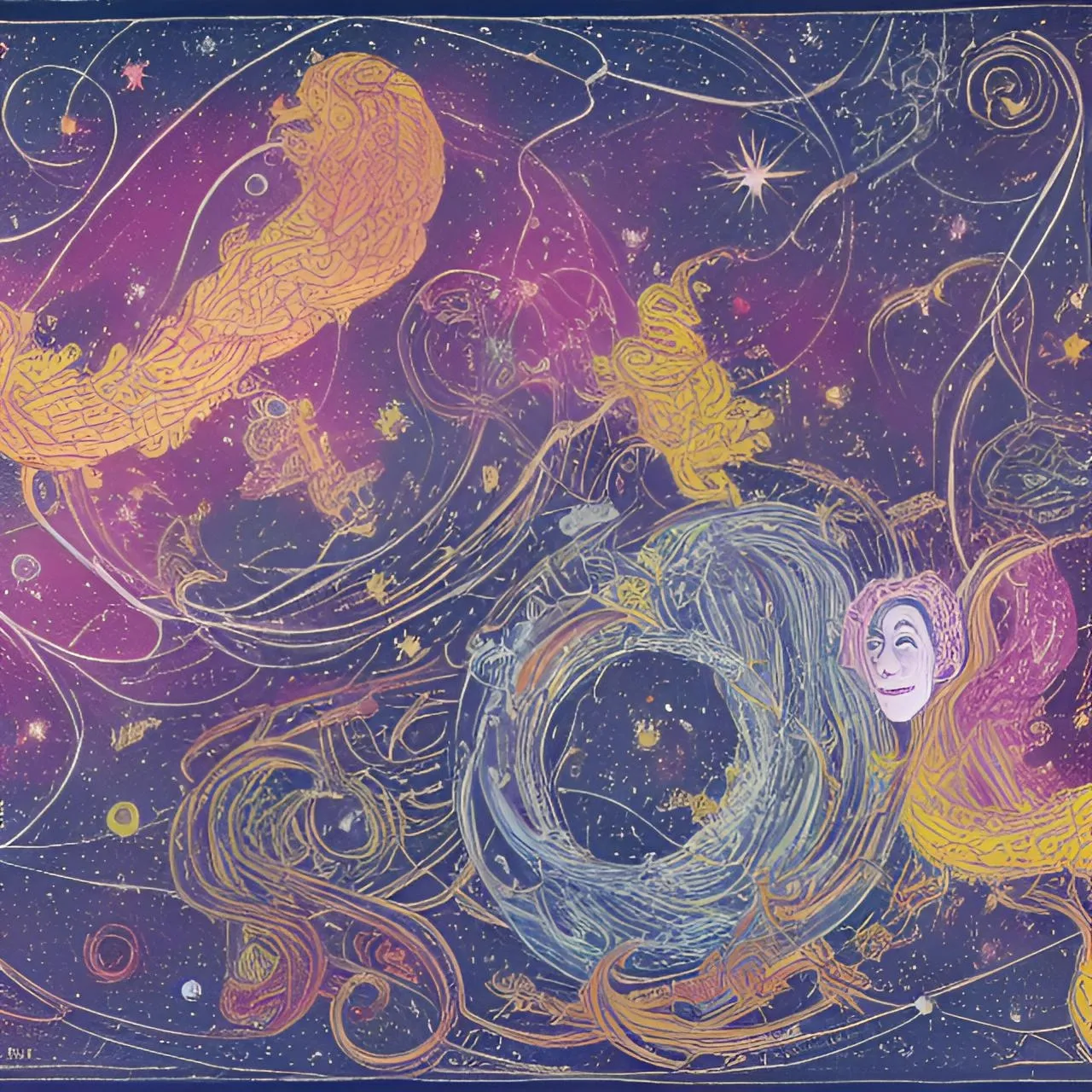 a painting of a woman surrounded by stars and swirls