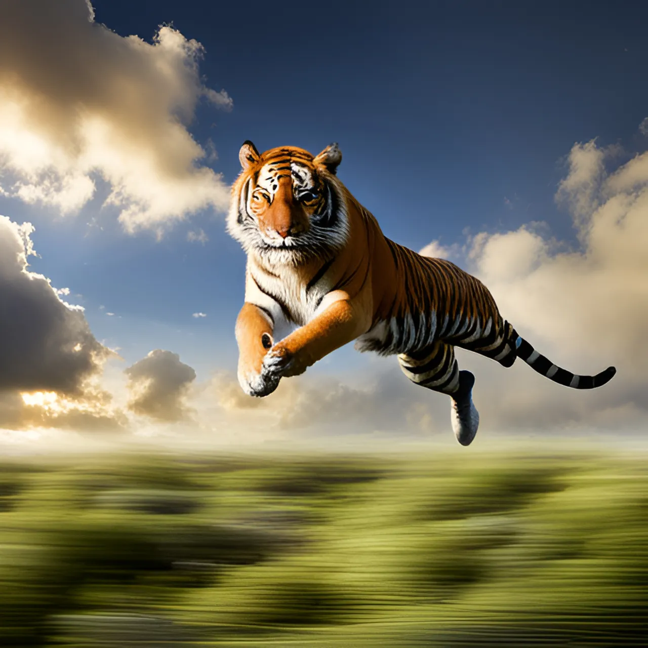 a tiger jumping in the air with a cloudy sky in the background