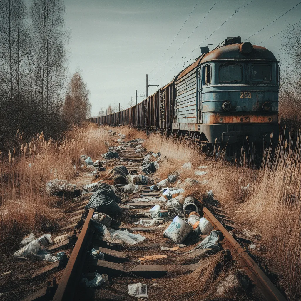 Old and rusty abandoned train next to the dry field ; camera zoom 