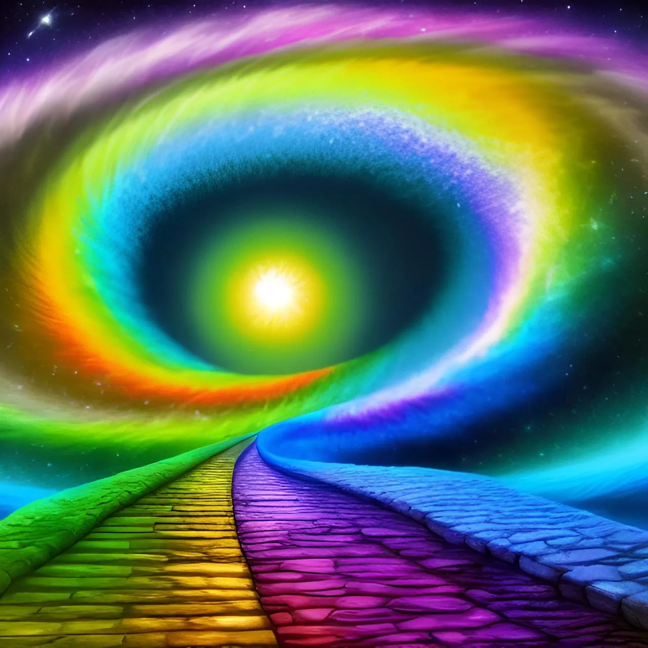 a painting of a rainbow tunnel in the sky