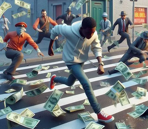 a group of men running across a street filled with money