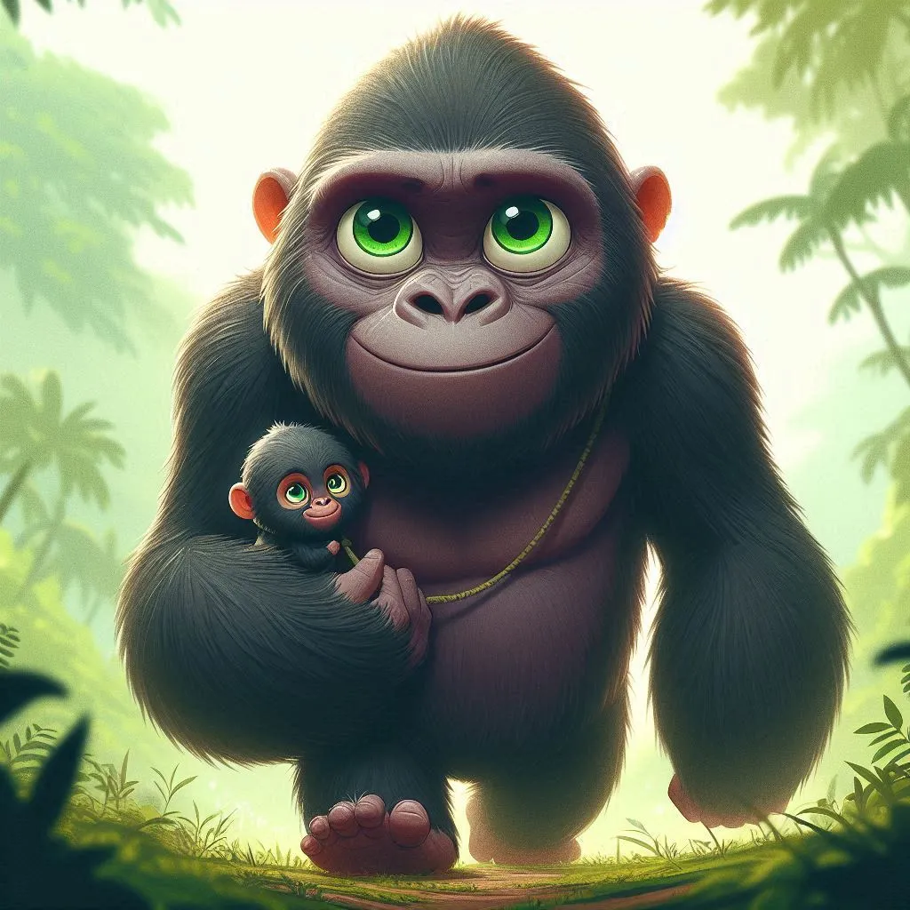 a gorilla holding a baby gorilla in a jungle