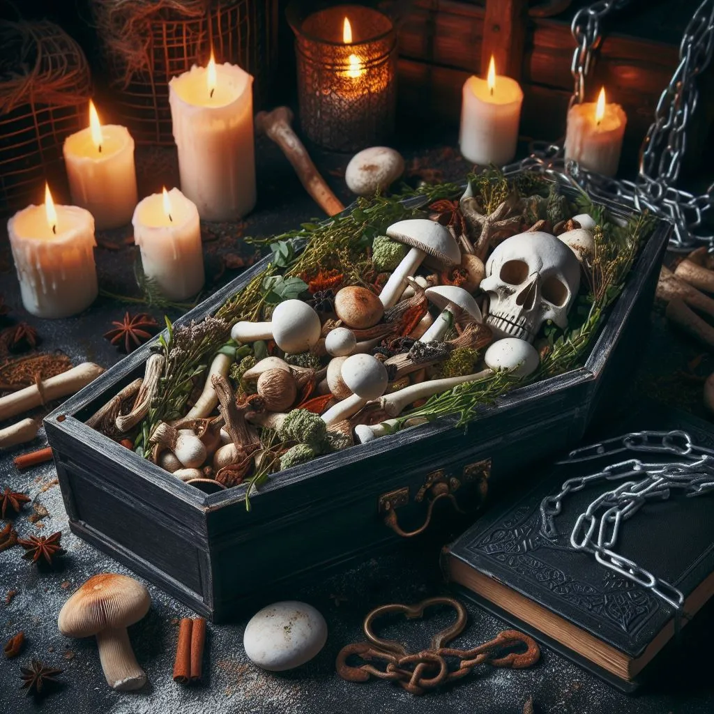 a box filled with herbs, mushrooms, and white rocks shaped like bones, chains, candles are all around and a black book nearby, night and dark