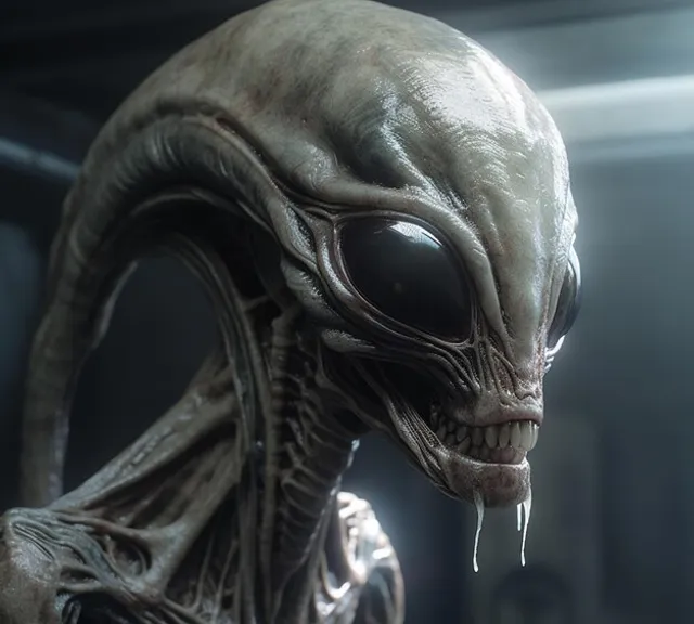 an alien is standing in a dark room an alien with big eyes talking turns its head and looks at you 8k realistic looks very mad and vicious showing his menacing teeth with computer screens in the background on a alien spaceship