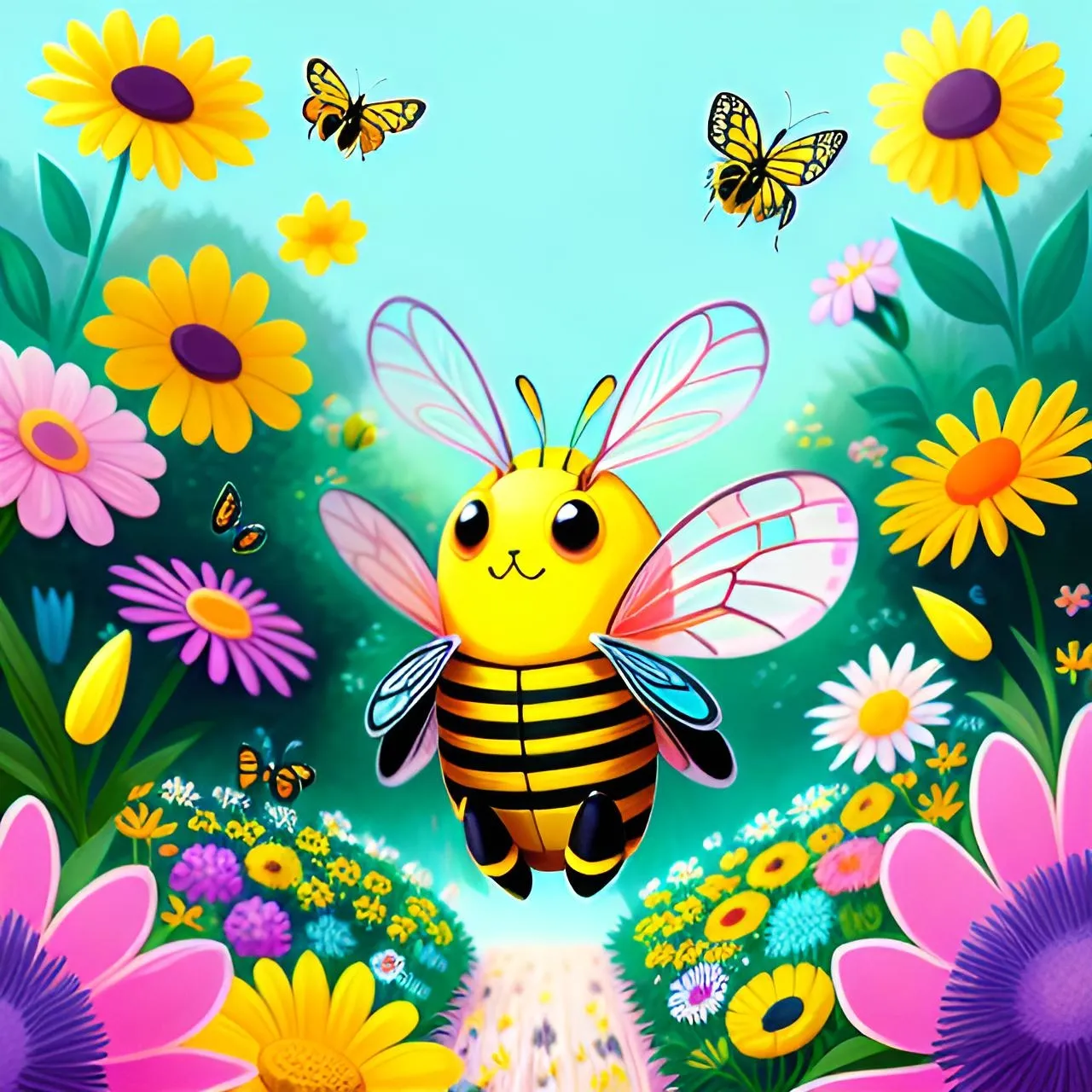 a painting of a bee flying over a field of flowers