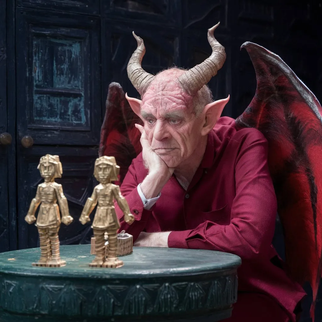 a man sitting at a table with a statue of a demon next to him