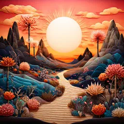 a painting of a desert landscape with a sunset