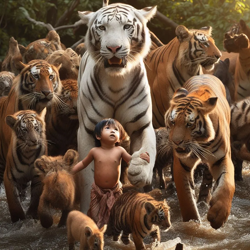 a young boy standing in front of a herd of tigers