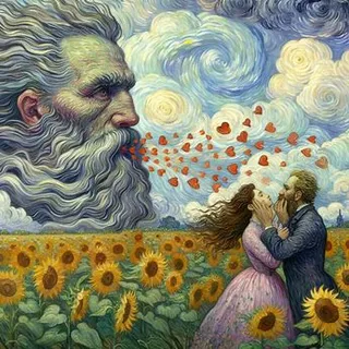 a painting of a couple kissing in a field of sunflowers All in impressionist style 