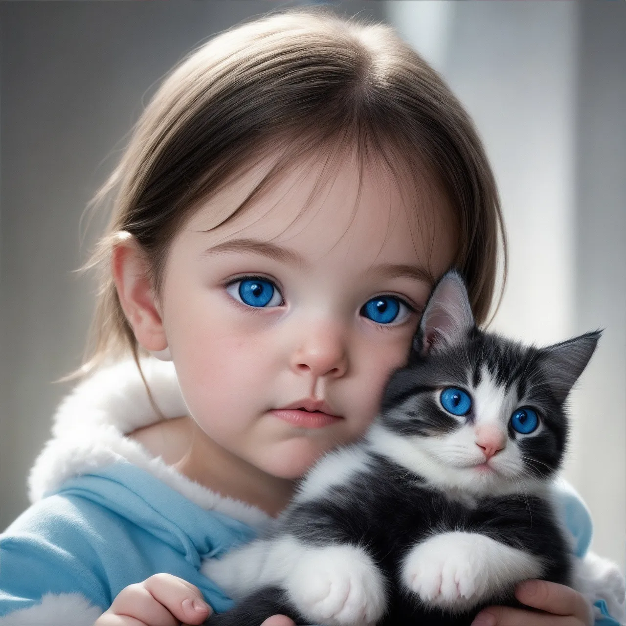 a little girl holding a kitten with blue eyes