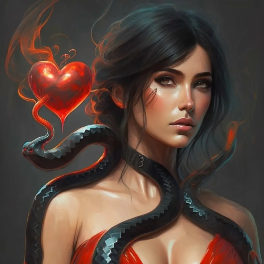 a woman in a red dress holding a snake