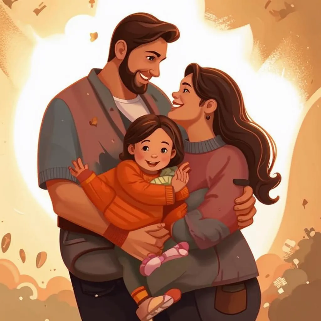 a man and woman holding a child in their arms