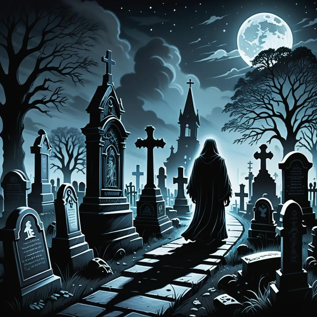 a graveyard scene with a person walking through the cemetery