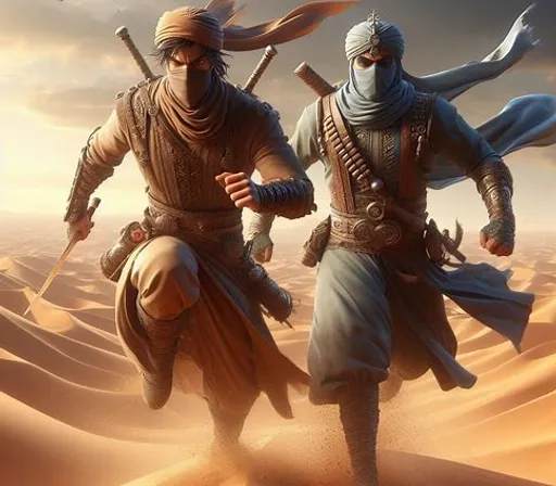 a couple of men walking across a desert