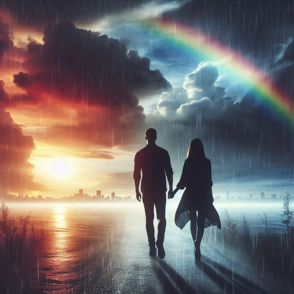 a man and a woman walking in the rain under a rainbow