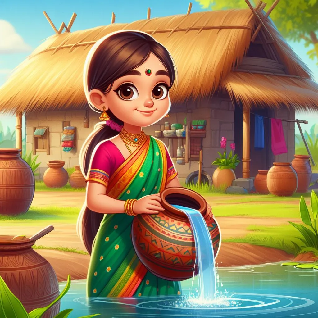 a girl in a colorful sari holding a pot of water