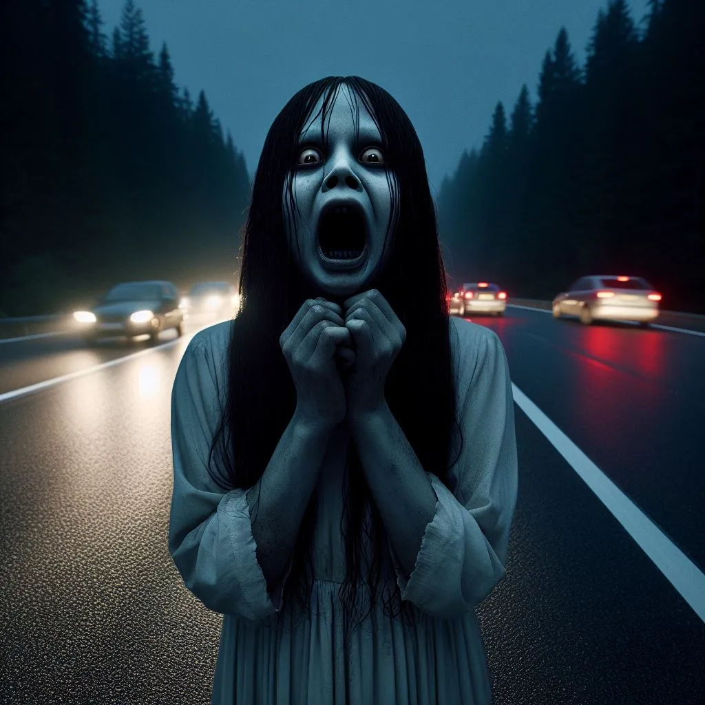 a ghost woman with her mouth open standing in the middle of a road, night