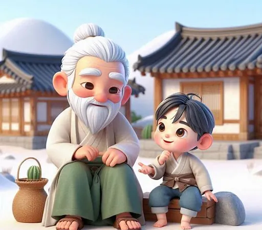 a boy and an older man sitting on a rock in front of a building