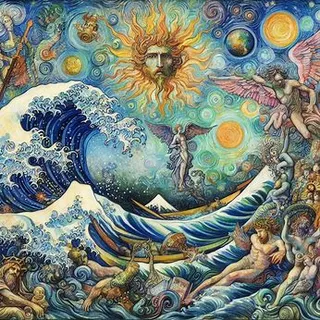 a painting of a wave with angels and a sun above it