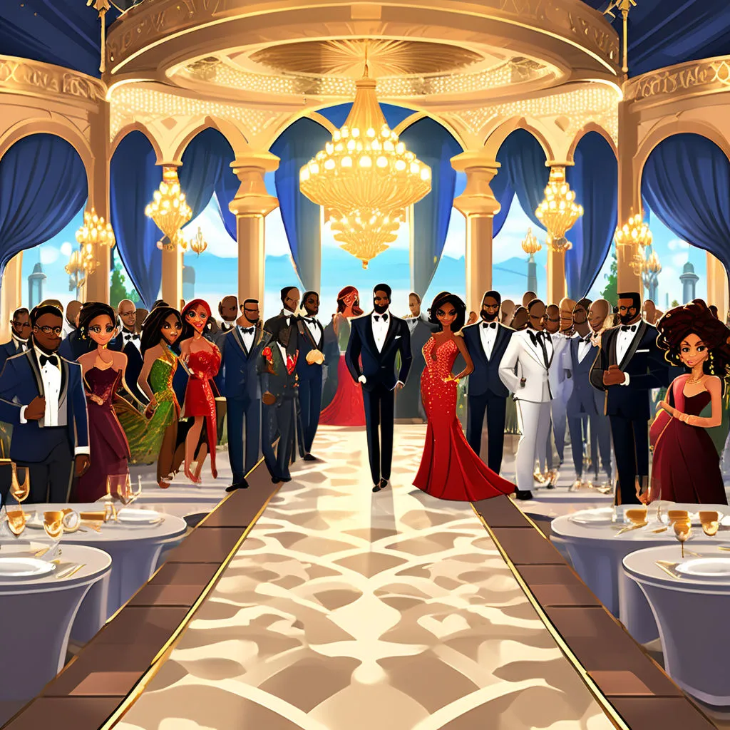 a group of people in formal wear standing in front of a banquet hall