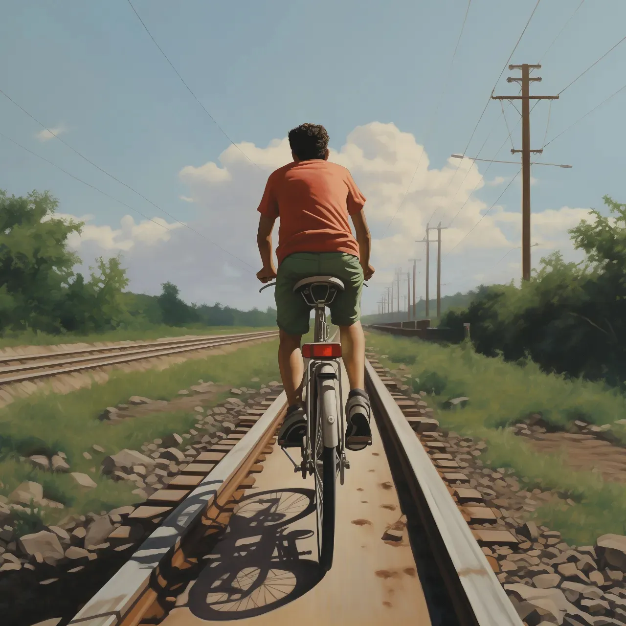 a man riding a bike down a train track
