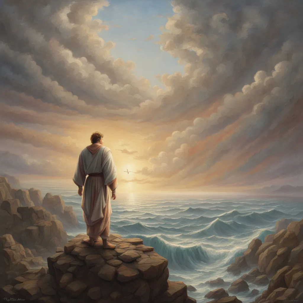 a painting of a man standing on top of a cliff