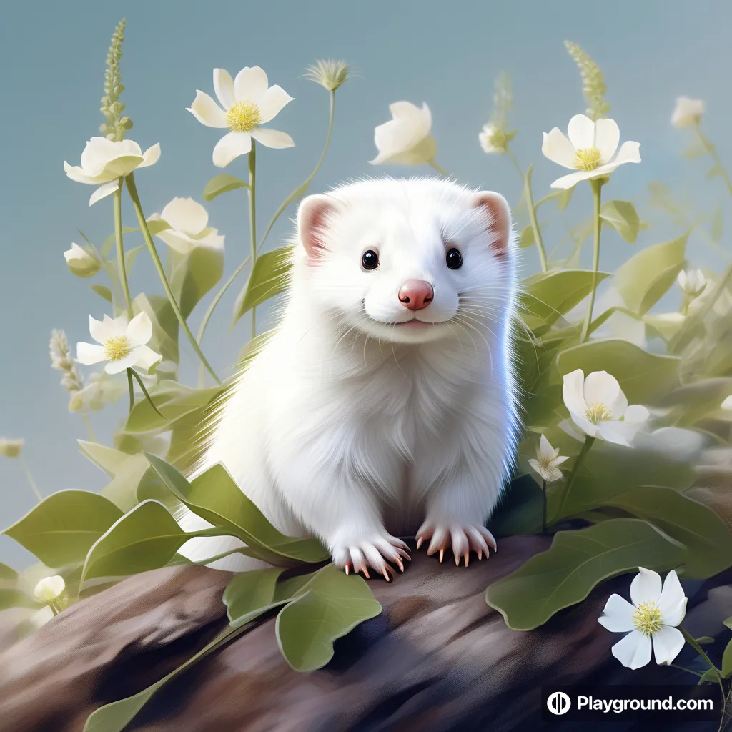 a white ferret sitting on top of a rock surrounded by flowers