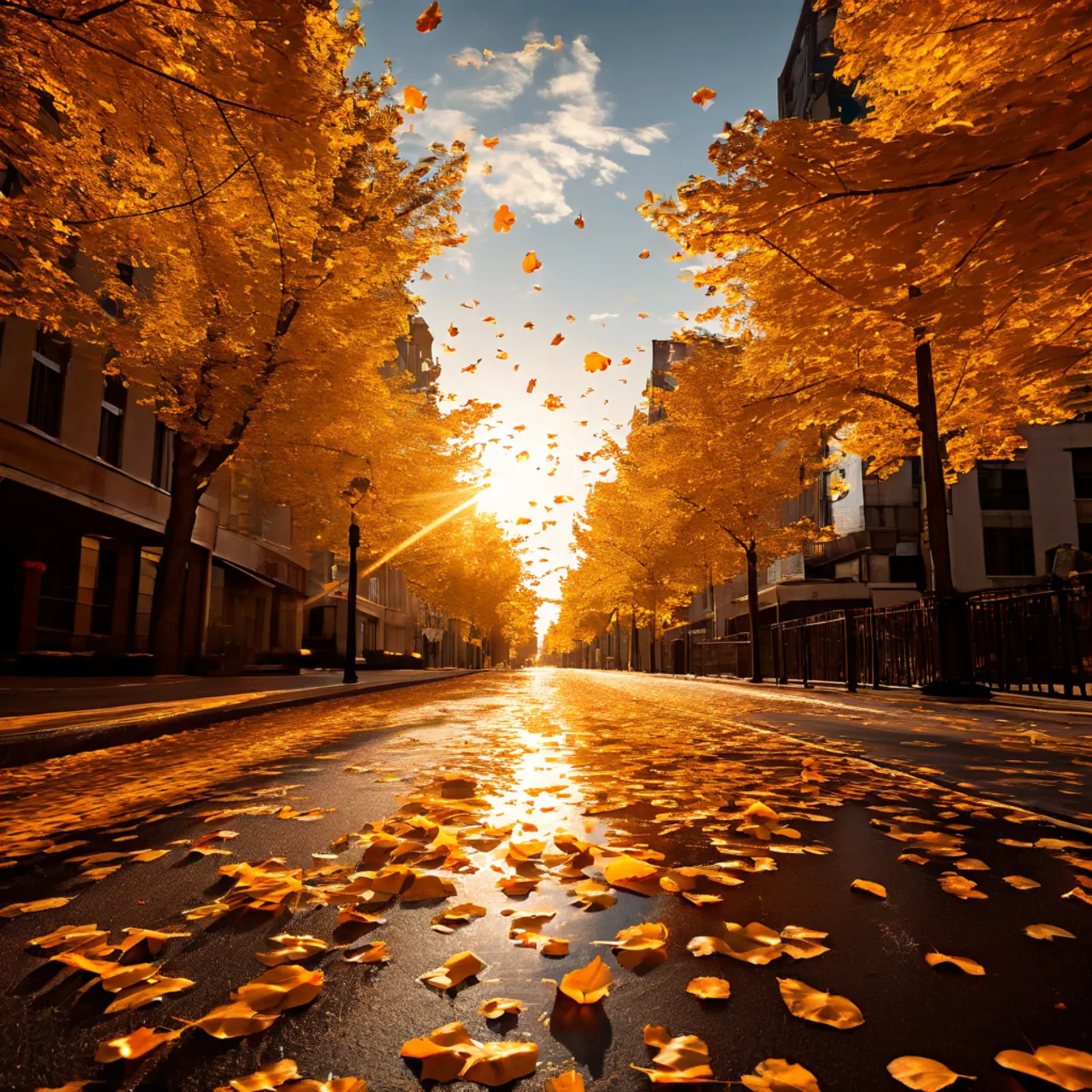 a city street with a lot of leaves on the ground