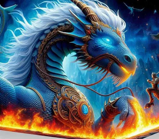 a painting of a blue dragon and a man on fire