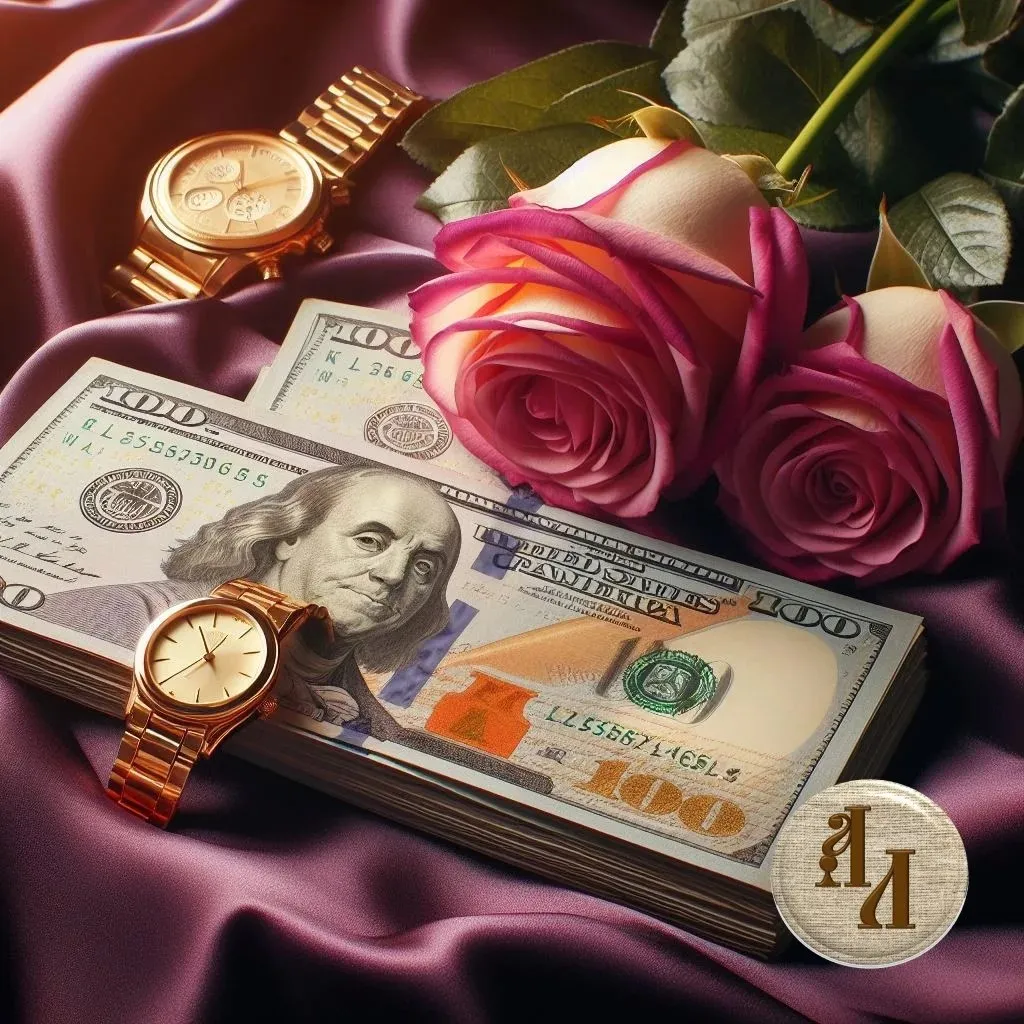 two roses and a watch on a purple satin