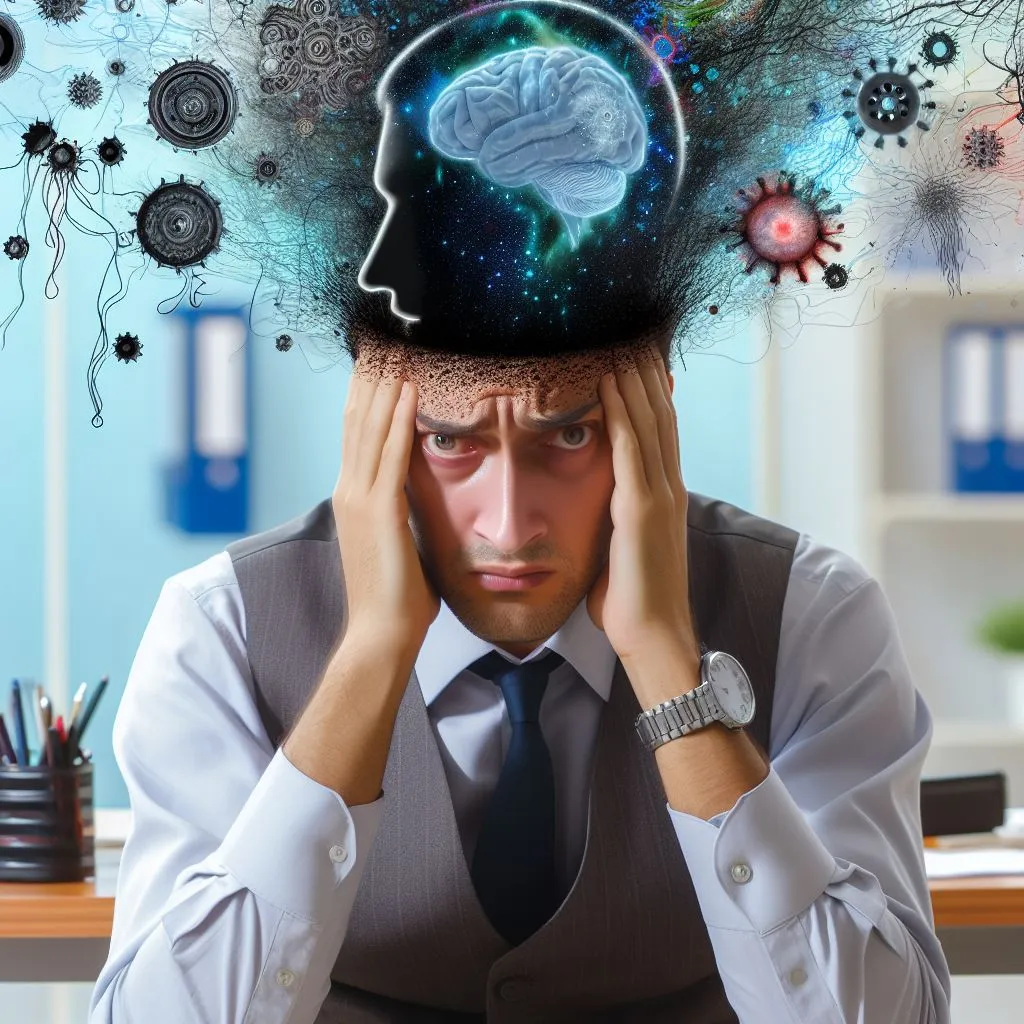 a man sitting at a desk with his head in his hands