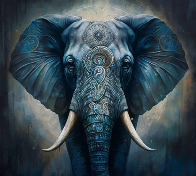 a painting of an elephant with intricate designs