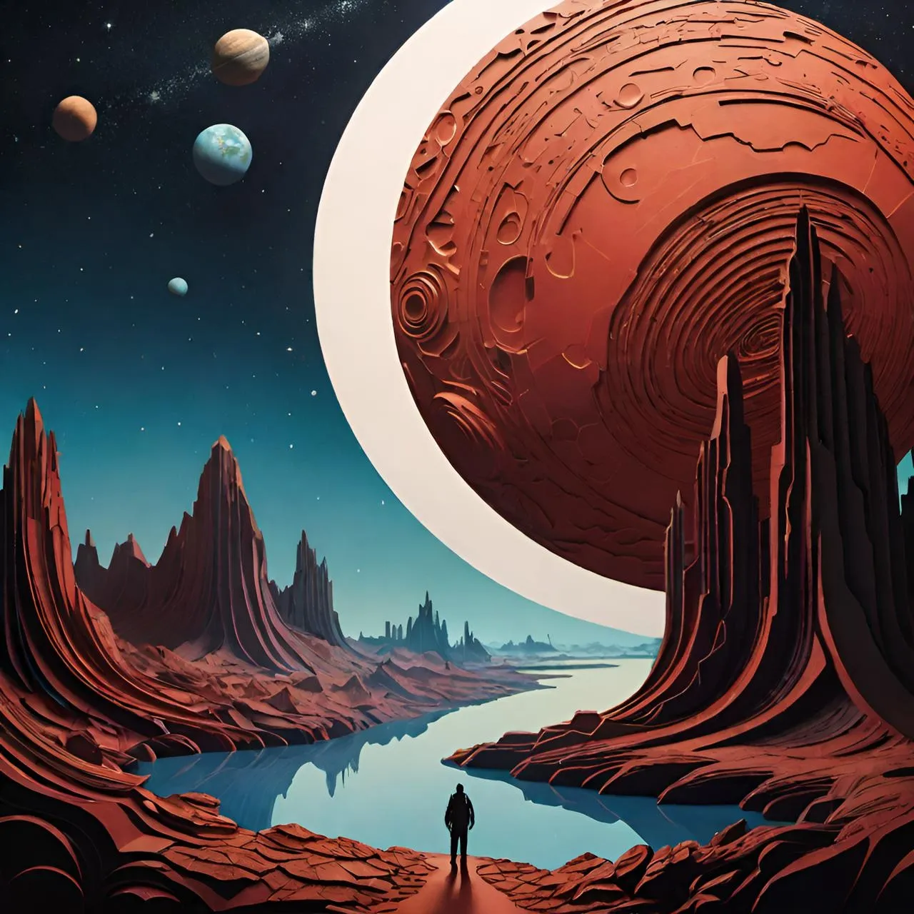 a man standing in front of a painting of planets