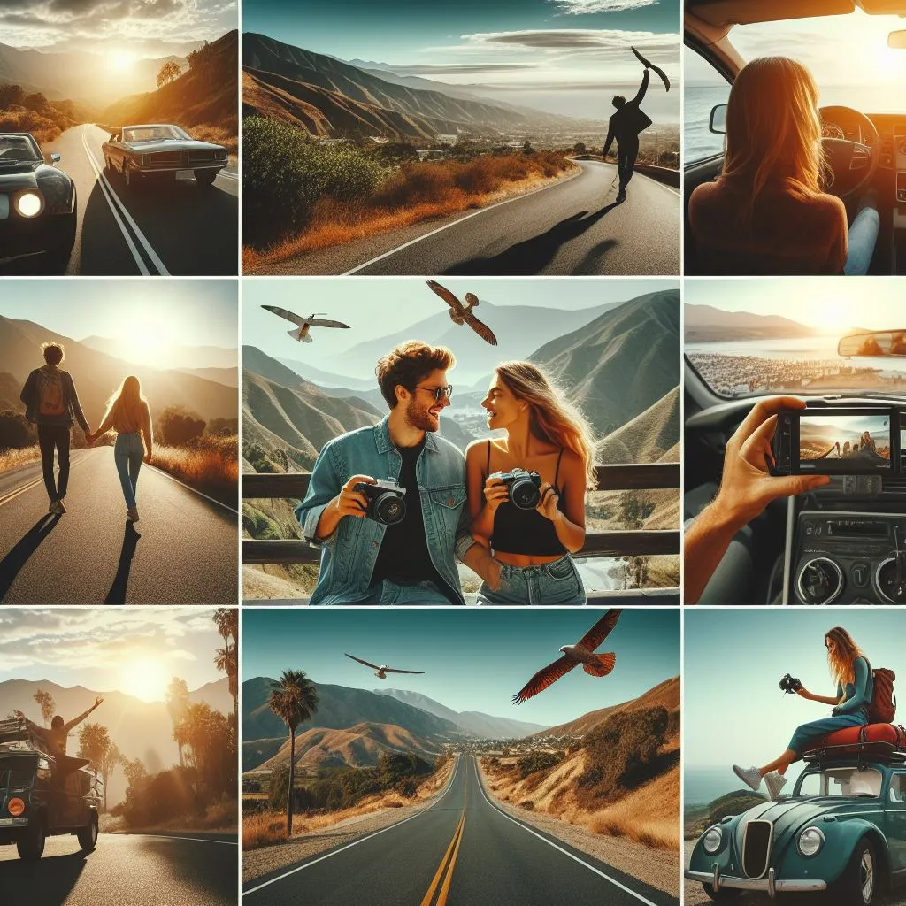 image of Road Trip Montage  The couple embarks on a spontaneous road trip, capturing scenic landscapes and candid moments