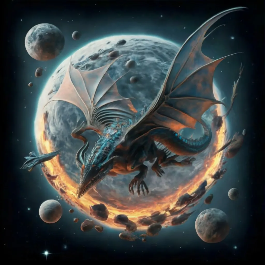 a dragon flying over the moon with planets in the background