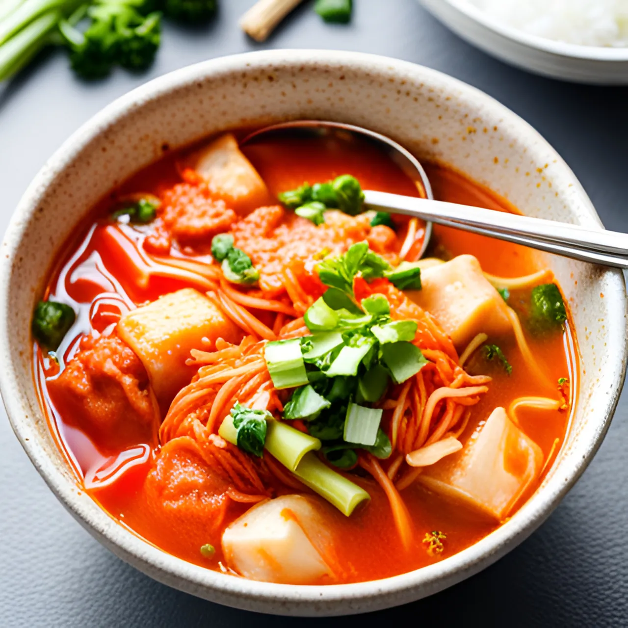 a bowl of soup with tofu, broccoli, and noodles