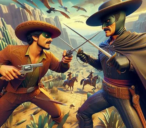 a painting of two men with guns in a desert