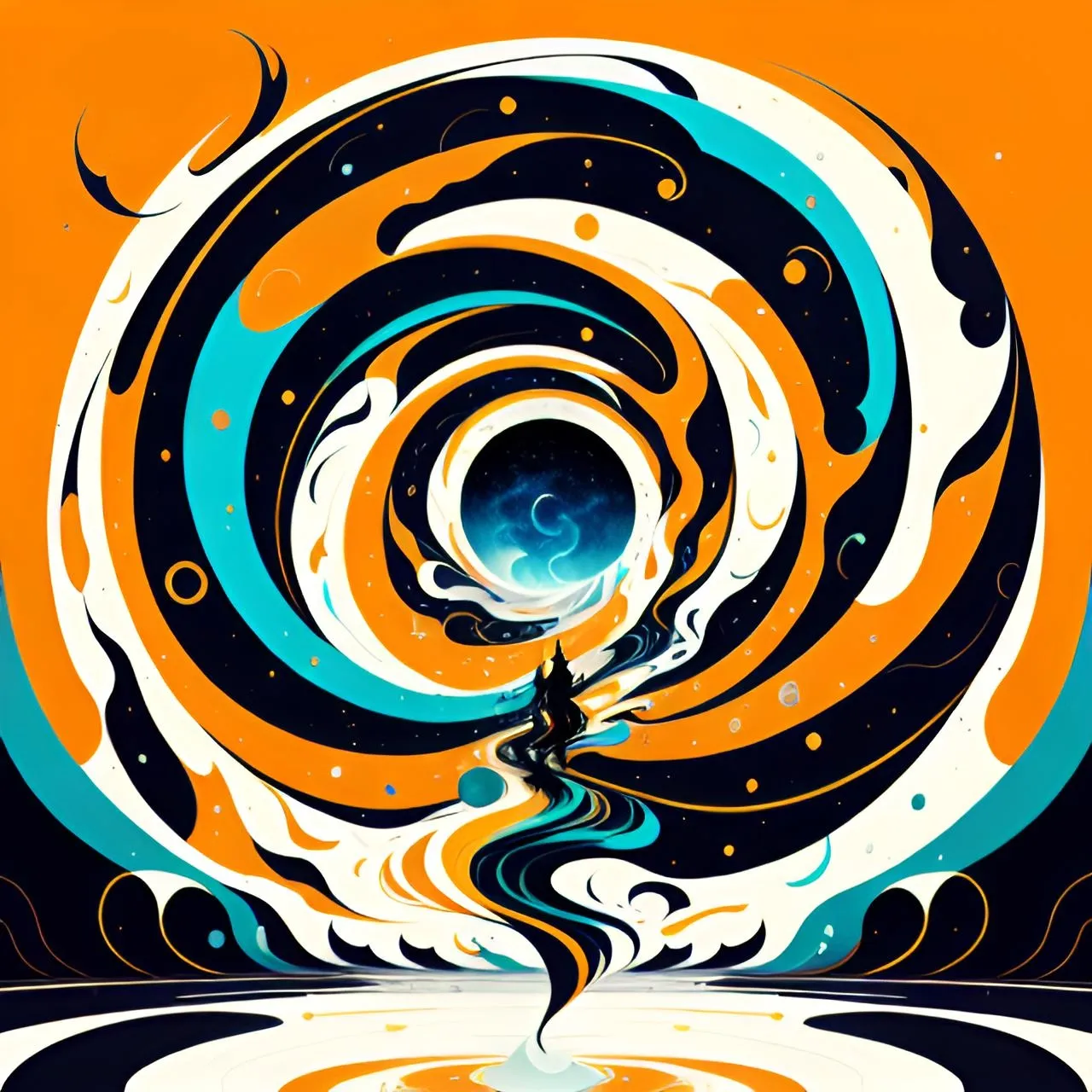 a painting of a person standing in front of an orange and blue swirl