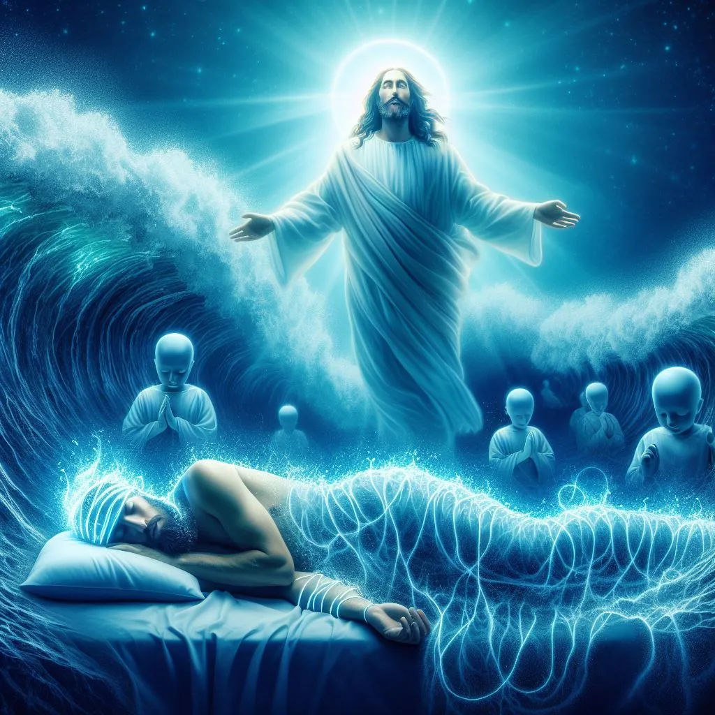 a painting of jesus standing over a body of water