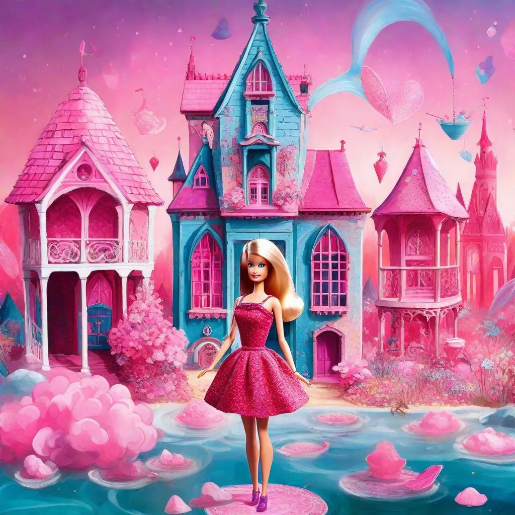 Barbie surrounded by a vibrant flower garden, butterflies, and hummingbirds, while standing in front of the pastel castle.