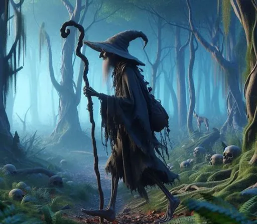 a painting of a wizard walking through a forest