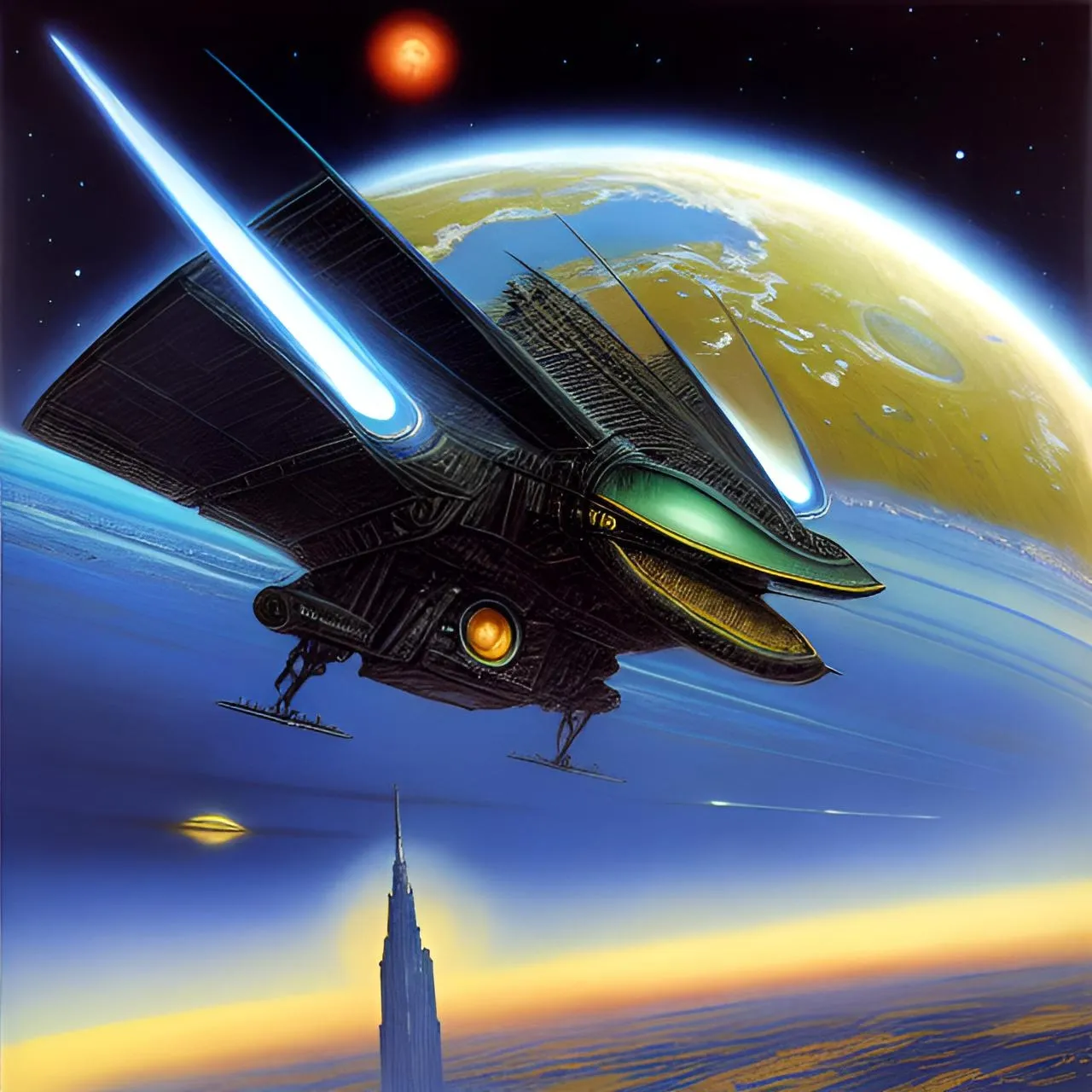 a painting of a space ship flying over a planet