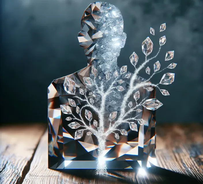 a crystal sculpture of a man with a tree in his head