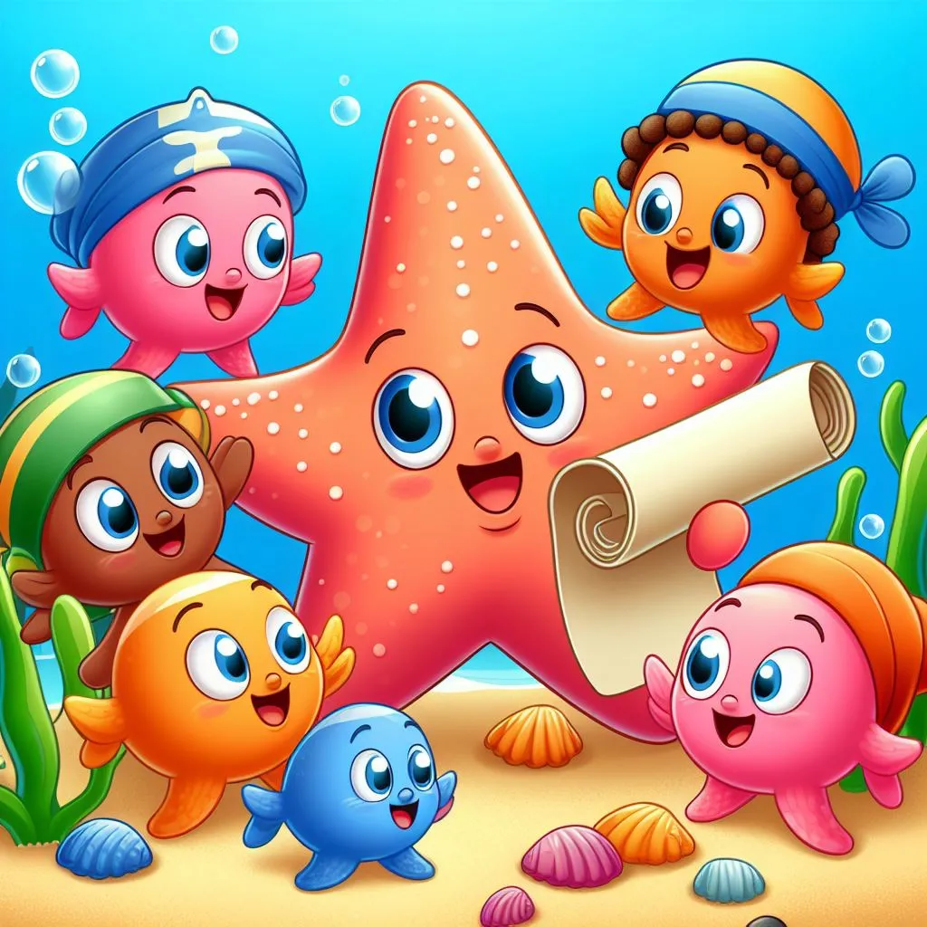 a group of cartoon fish with a starfish dancing