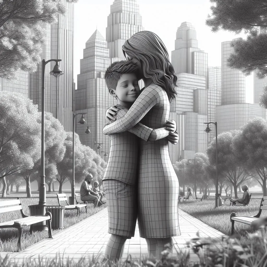 a drawing of two people hugging in a park Mother and son hug ,No distortion, adjust to the original , madre en la derecha pelo largo dos pies dos manos