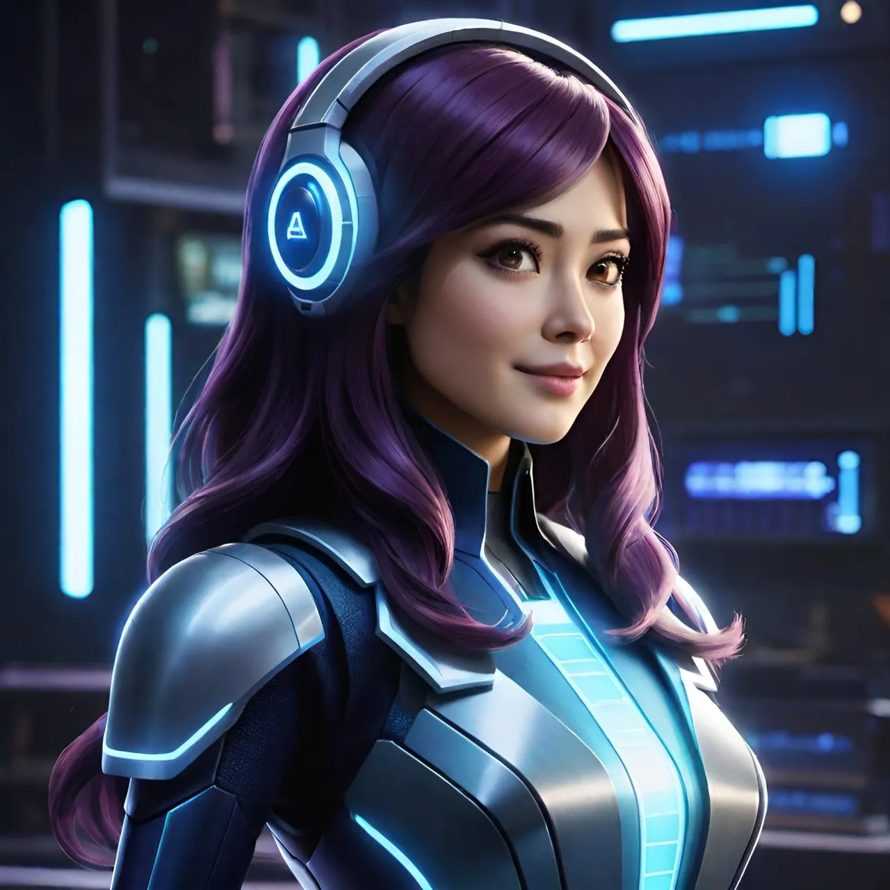 a woman with headphones and a futuristic suit