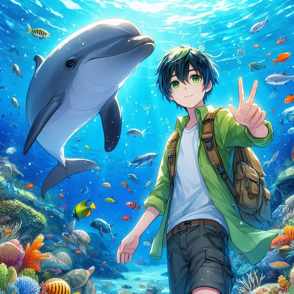 a boy is standing in front of a dolphin