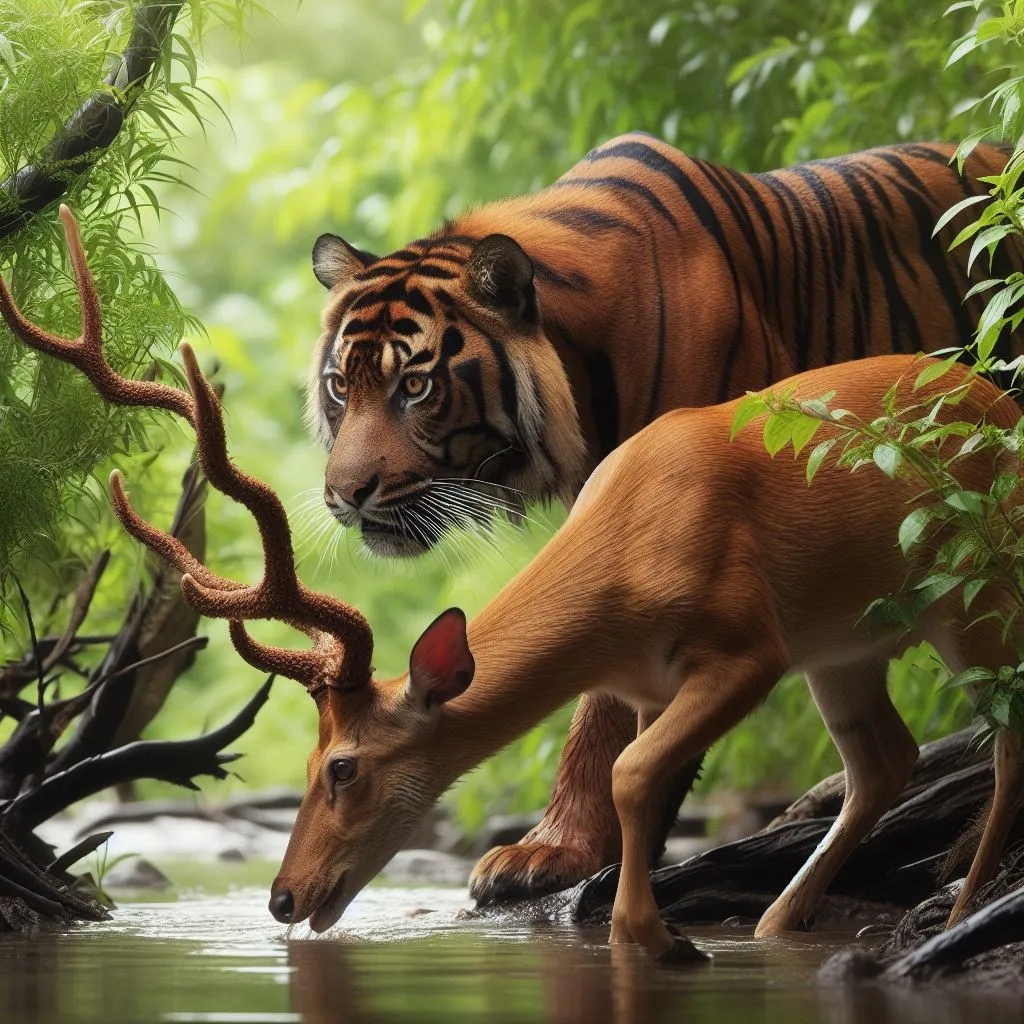 a tiger and a deer standing next to each other