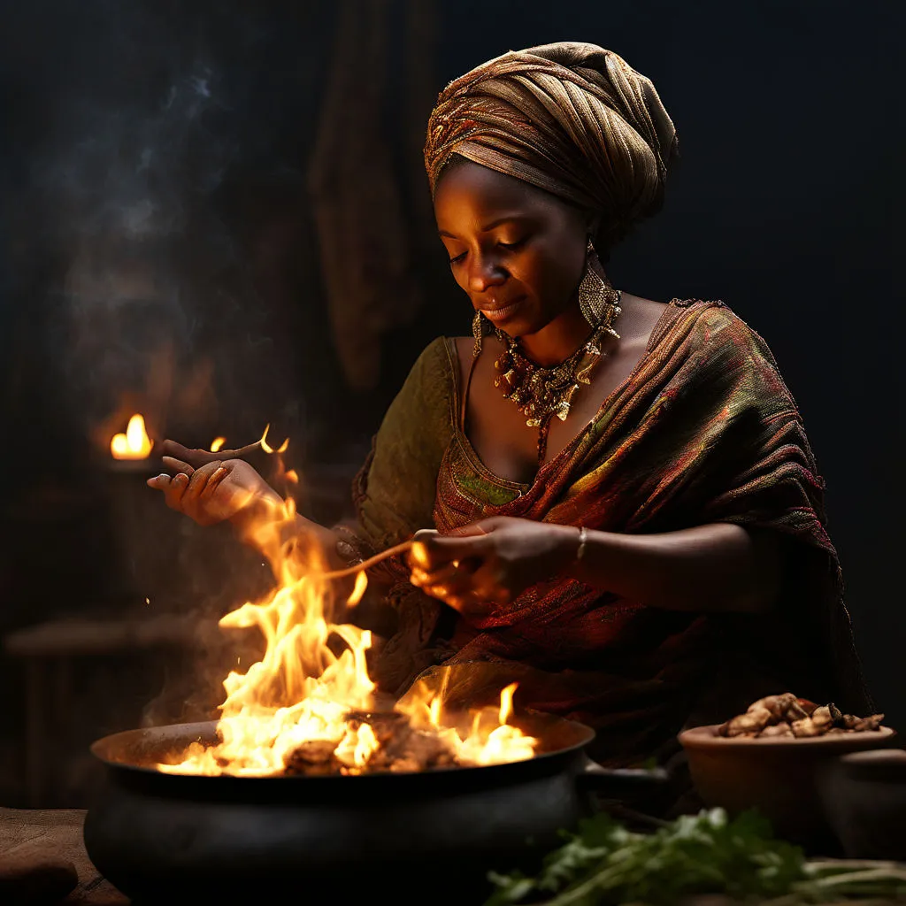 Ngozi held a herb in hand and sprinkled it into the cooking pot on a fire